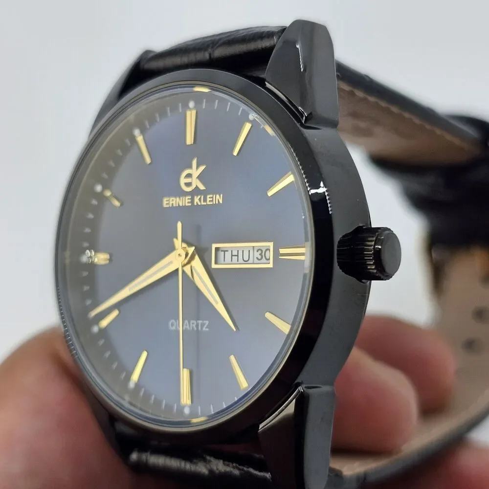 Ernie Klein 38MM Men’s Watch Blue Dial Black‎ Case Day Date Black Leather Bands